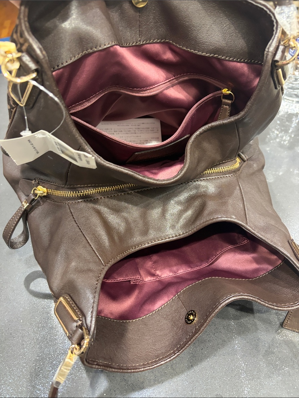 Women's Brown Leather-Effect Tote Bag with Burgundy Lining